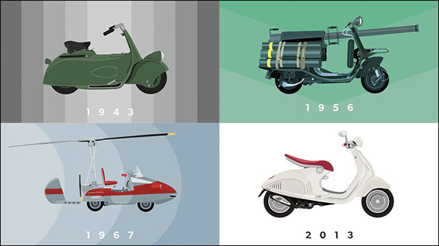 世界中で愛されているスクーター ベスパ の1943年から2013年までの進化がよくわかるかわいいイラスト映像 Vespalogy Dna