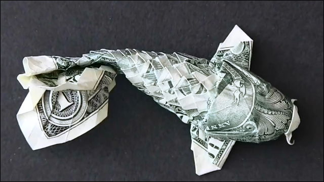 1ドル紙幣を使った精密折り紙で 鯉 を作っていくタイムラプス動画 Dna