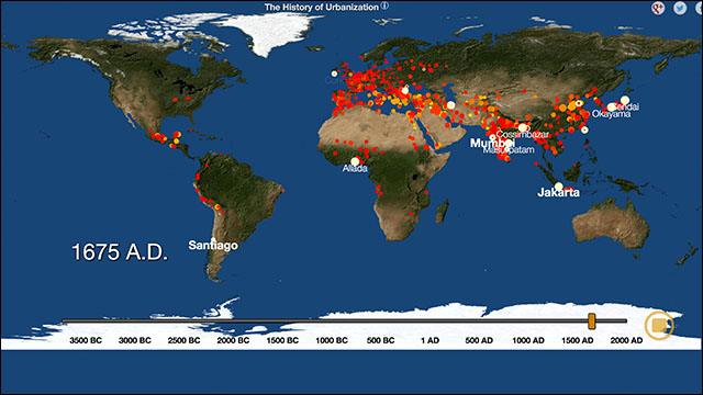 過去6000年間に人類が地球上に築いた都市を出現順にビジュアル化した世界地図 Dna
