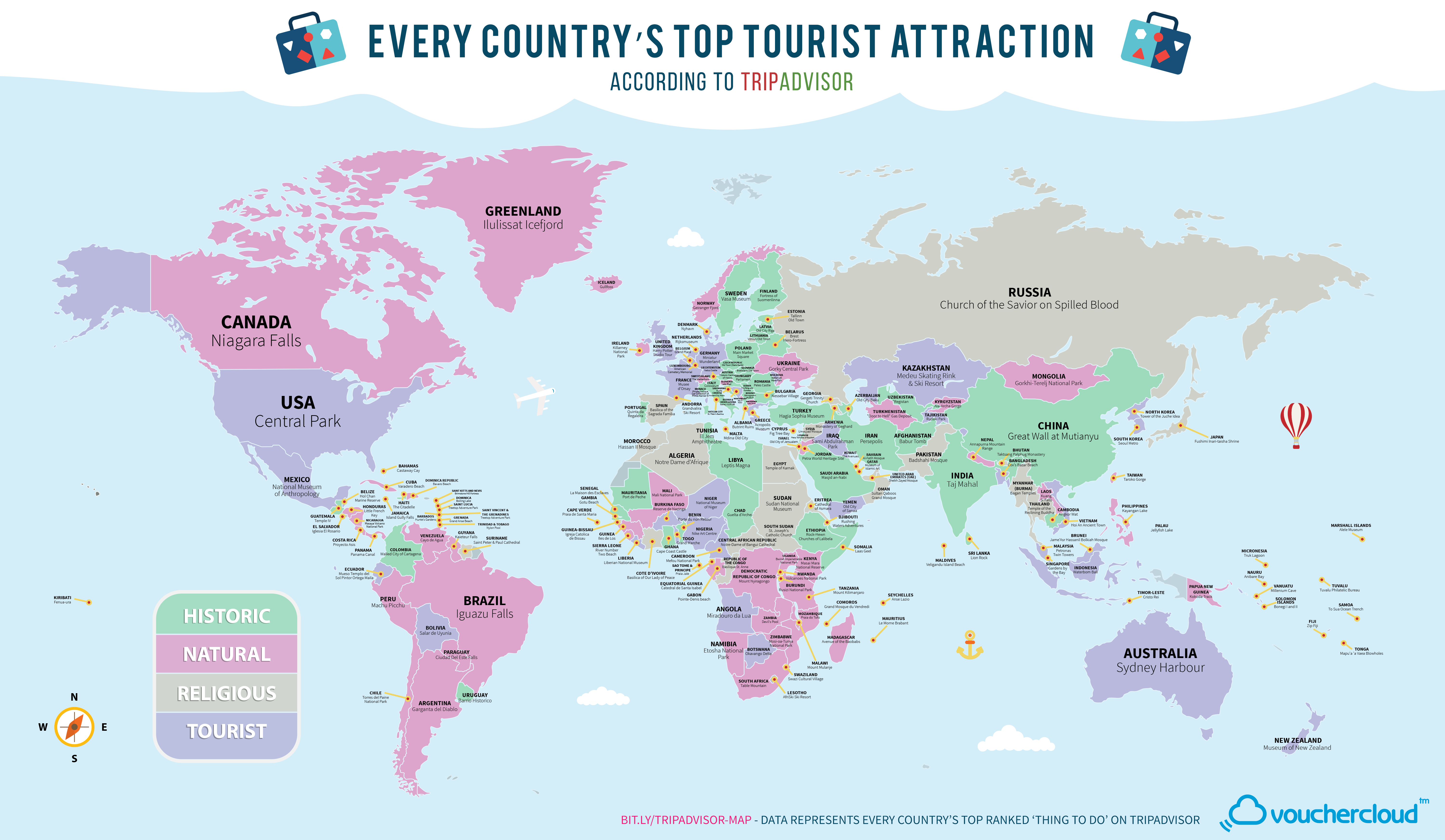 世界各国で最も人気の観光地をまとめた世界地図 Dna