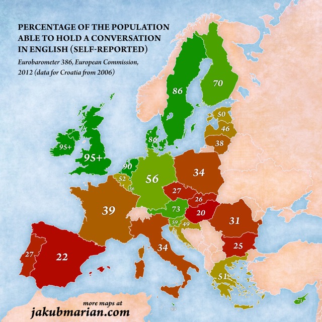 Eu諸国で英語はどれくらい通じるのか 英語を話せる人の割合をまとめたヨーロッパ地図 Dna