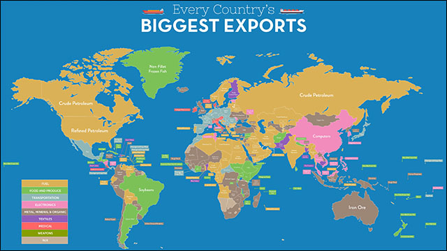 どの国が何を買って売っているのか一目瞭然 世界各国の最大輸出入品をまとめた世界地図 Dna
