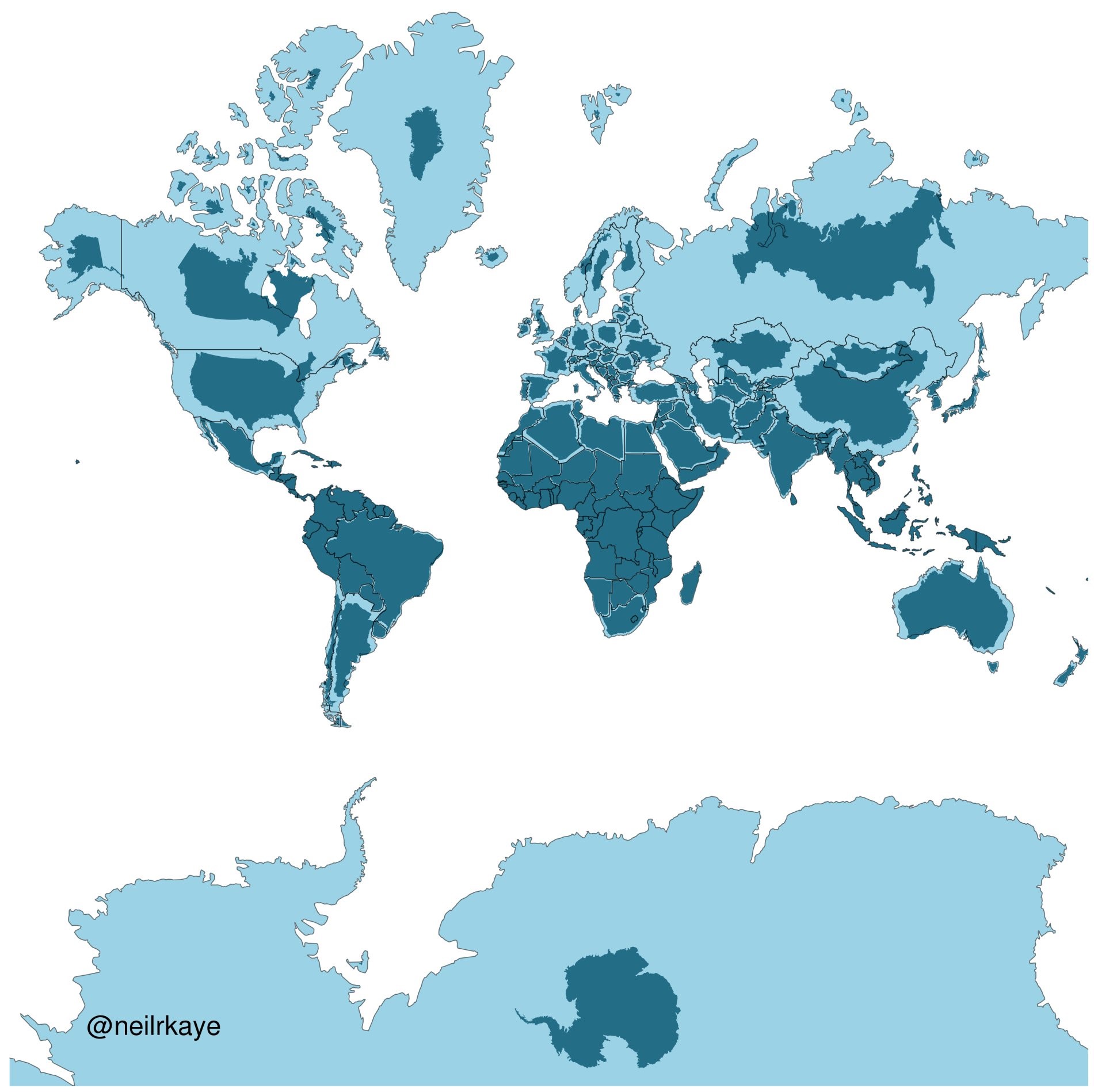 メルカトル図法の世界地図に実際の大きさの国を重ね合させるとこうなる