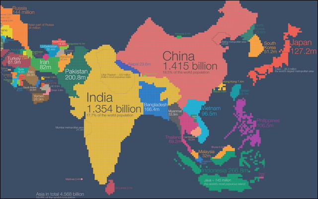 アジアとヨーロッパを人口に比例した面積で描き直すとこんな地図になる Dna