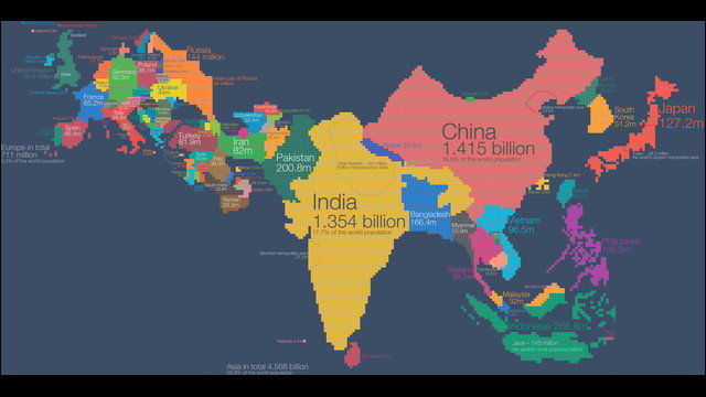 アジアとヨーロッパを人口に比例した面積で描き直すとこんな地図になる Dna