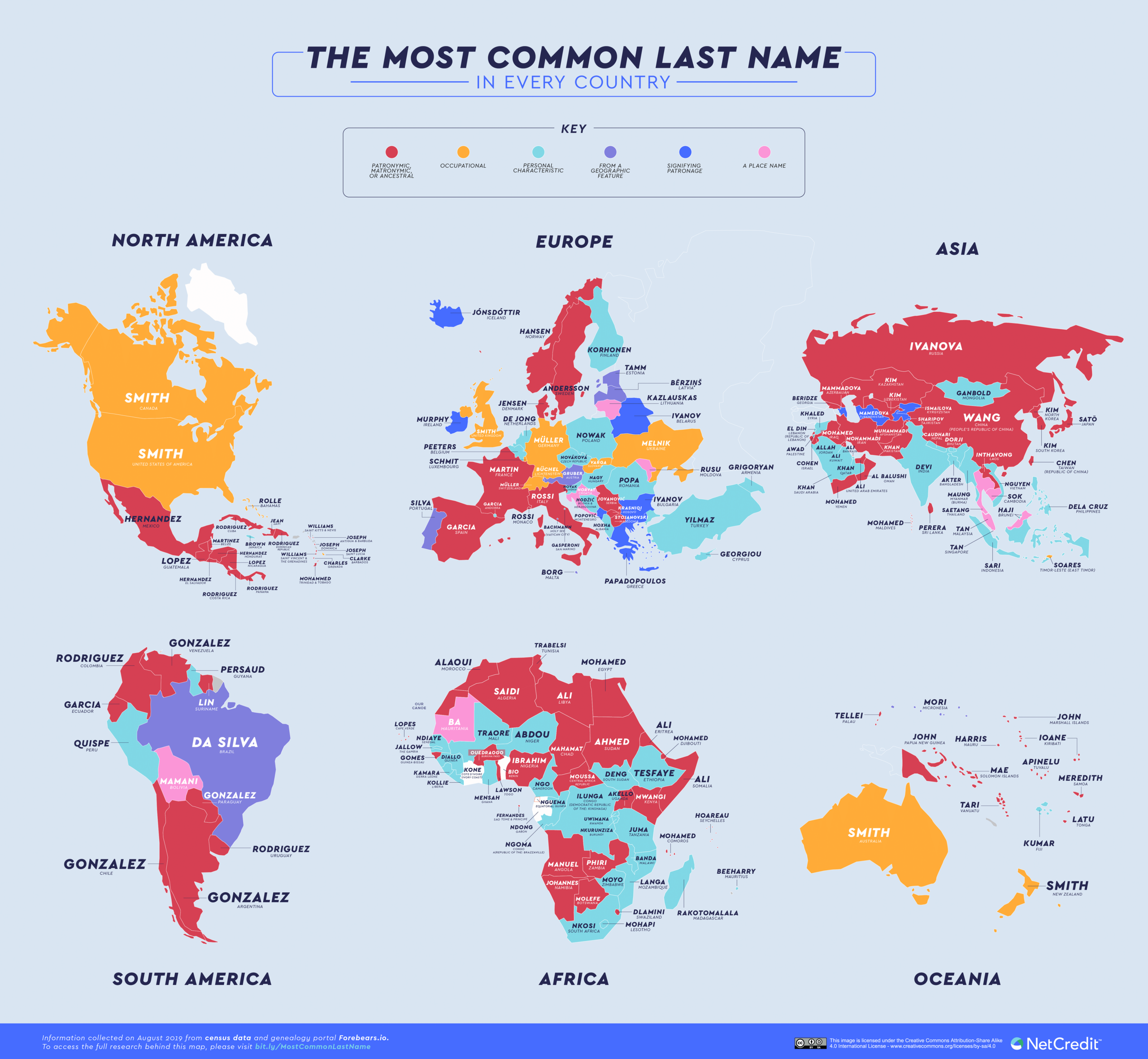 その国でもっとも多い名字 姓 がよくわかる世界地図 Dna