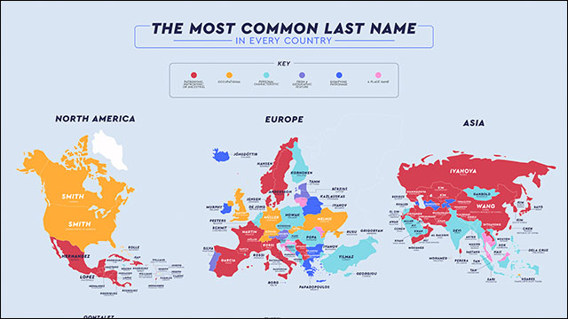 その国でもっとも多い名字 姓 がよくわかる世界地図 Dna