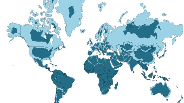 メルカトル図法の世界地図に実際の大きさの国を重ね合させるとこうなる Dna